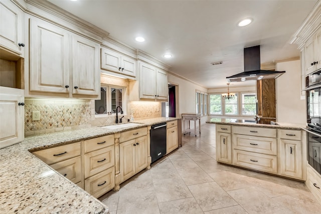 kitchen featuring backsplash, black appliances, sink, light stone counters, and a chandelier