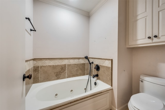 bathroom featuring a washtub, toilet, and ornamental molding