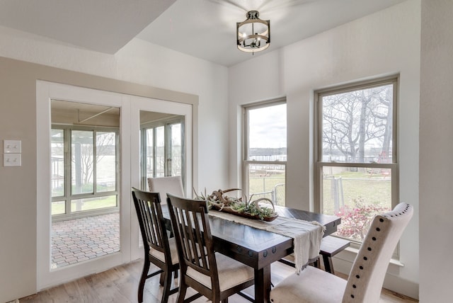 dining area featuring a healthy amount of sunlight, light hardwood / wood-style floors, and an inviting chandelier