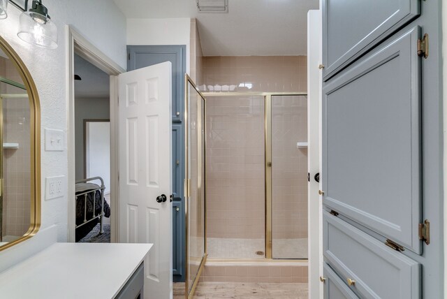 bathroom with vanity and walk in shower