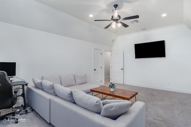 living room featuring ceiling fan, light colored carpet, lofted ceiling, and ornamental molding