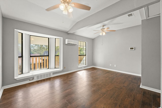 spare room featuring dark wood-type flooring, an AC wall unit, ceiling fan, and lofted ceiling