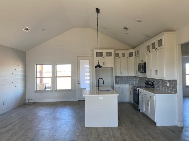 kitchen featuring sink, dark hardwood / wood-style floors, decorative light fixtures, a center island with sink, and appliances with stainless steel finishes