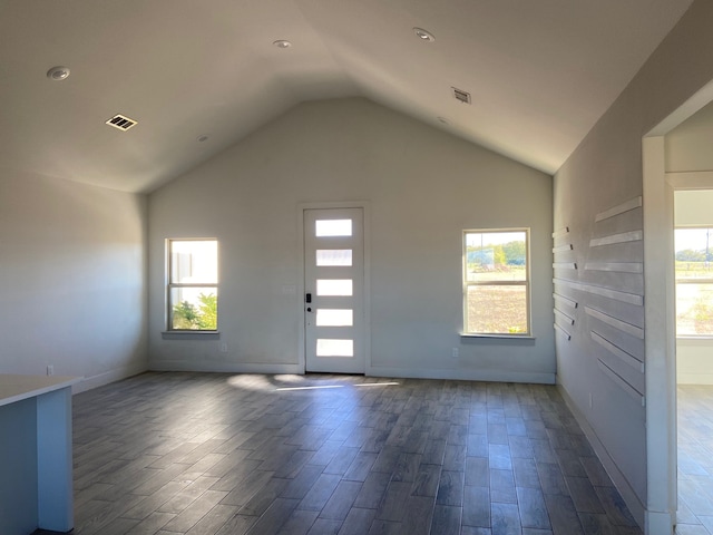 entryway featuring dark hardwood / wood-style flooring and vaulted ceiling