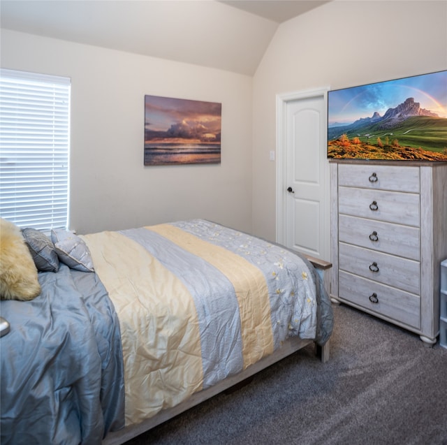 bedroom with dark colored carpet and vaulted ceiling