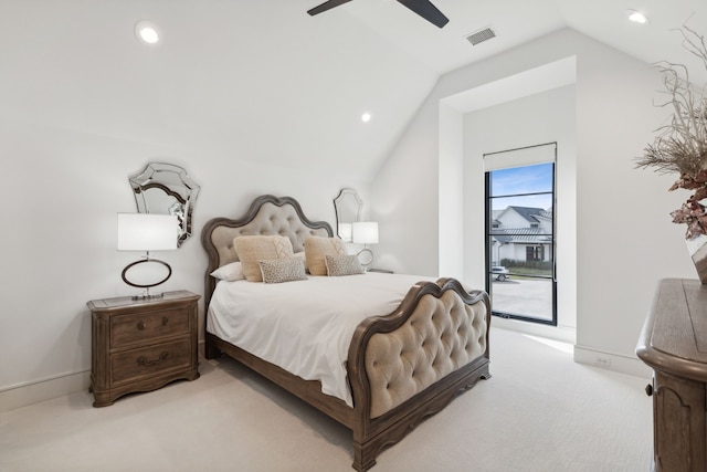 carpeted bedroom with access to outside, ceiling fan, and lofted ceiling