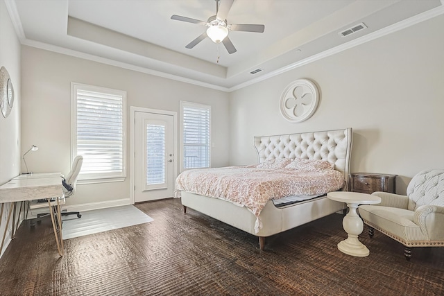 bedroom featuring multiple windows, access to exterior, a raised ceiling, and ceiling fan