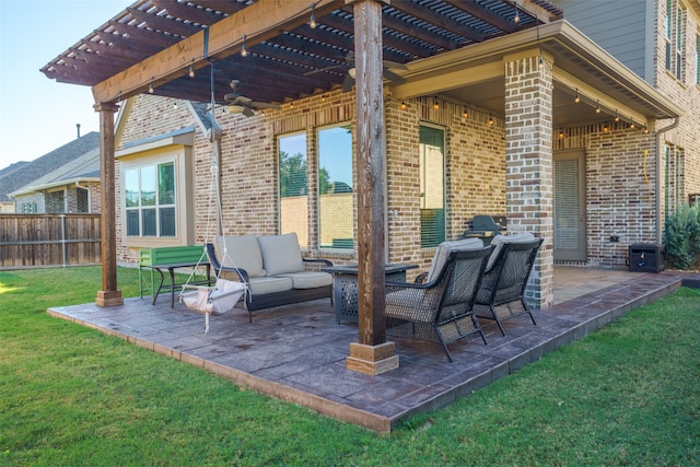 view of patio / terrace with outdoor lounge area, ceiling fan, area for grilling, and a pergola