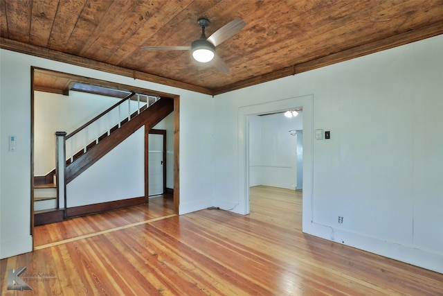unfurnished room featuring light hardwood / wood-style flooring, ceiling fan, and wood ceiling