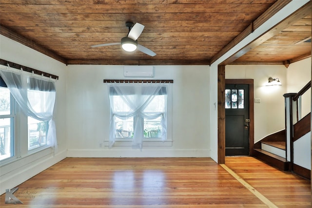 interior space featuring ornamental molding, hardwood / wood-style flooring, ceiling fan, and wooden ceiling