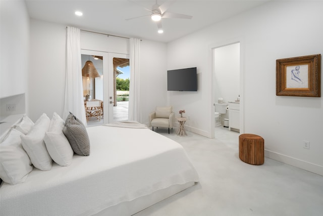 bedroom with ceiling fan, access to exterior, light colored carpet, and ensuite bathroom