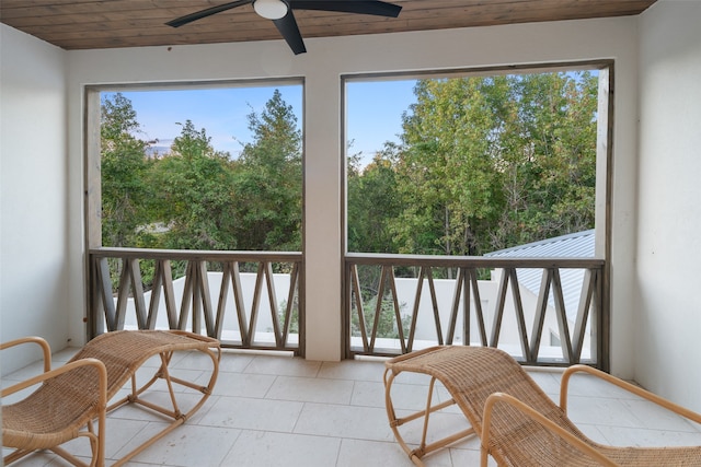 sunroom / solarium with ceiling fan and wood ceiling