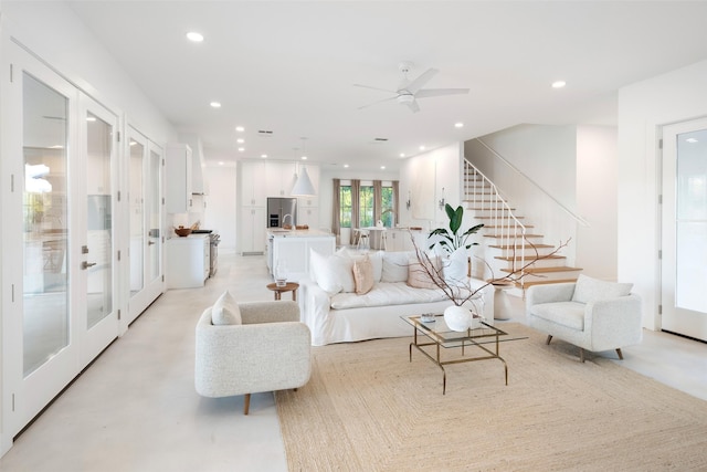 23502 Kate Ln, Arp, TX 75750 - living area with french doors, stairs, recessed lighting, and ceiling fan