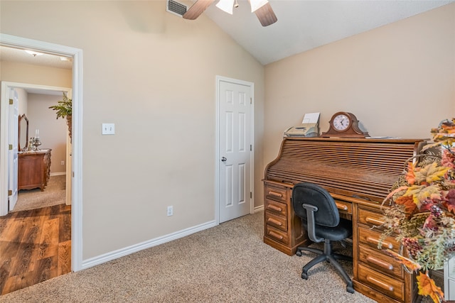 office area with hardwood / wood-style floors, ceiling fan, and lofted ceiling