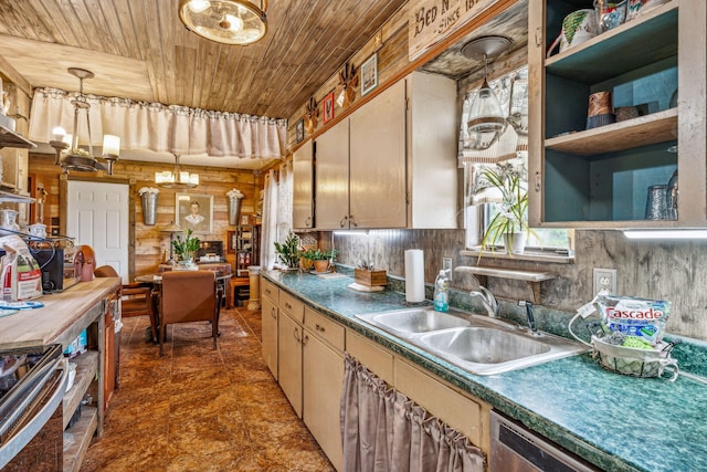 kitchen featuring dishwasher, sink, tasteful backsplash, pendant lighting, and wood ceiling