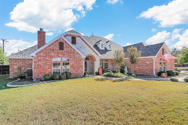 view of front of property with central AC and a front lawn