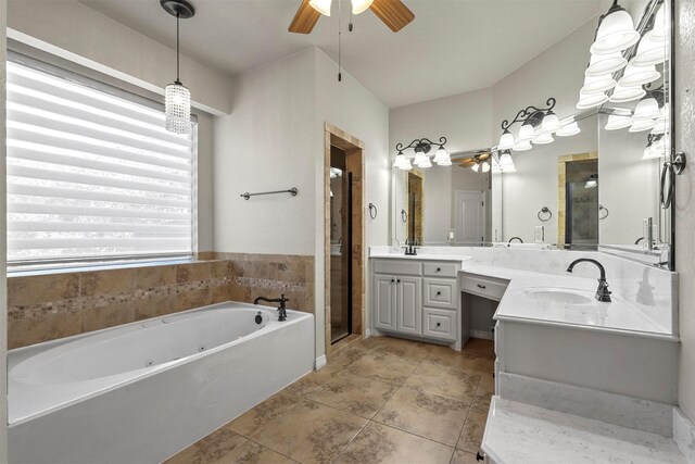 bathroom featuring vanity, tile patterned floors, independent shower and bath, and ceiling fan