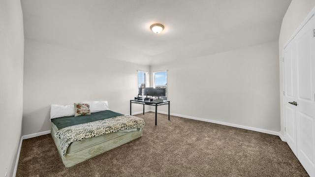 bedroom with dark colored carpet