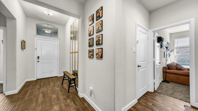 entryway with dark hardwood / wood-style flooring