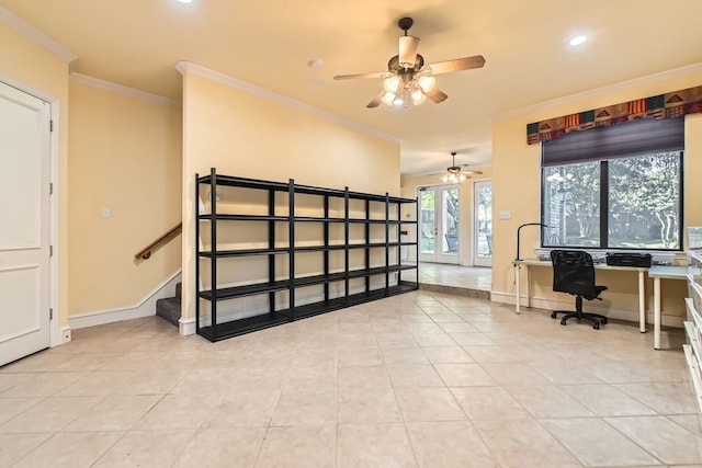 office space featuring french doors, ceiling fan, crown molding, and light tile patterned flooring