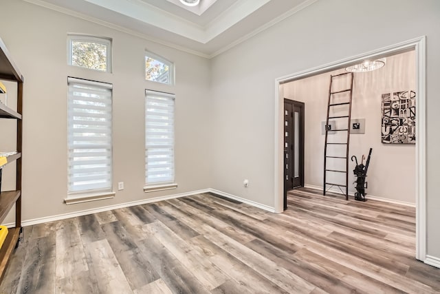 empty room with hardwood / wood-style flooring, ornamental molding, and a towering ceiling