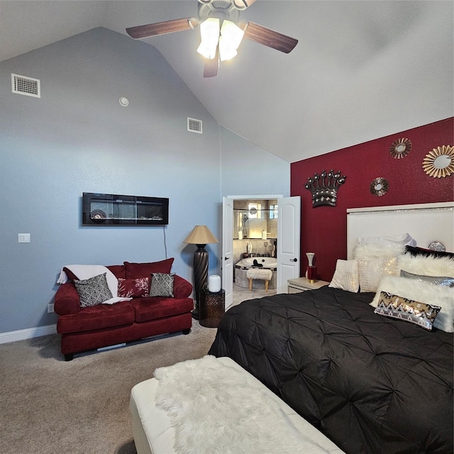 carpeted bedroom with vaulted ceiling and ceiling fan