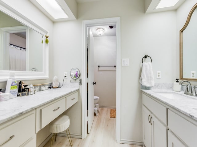 bathroom with vanity, toilet, and wood-type flooring