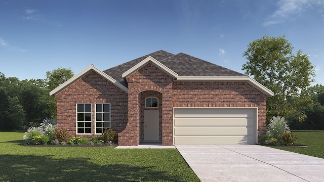 view of front of property featuring a front lawn and a garage