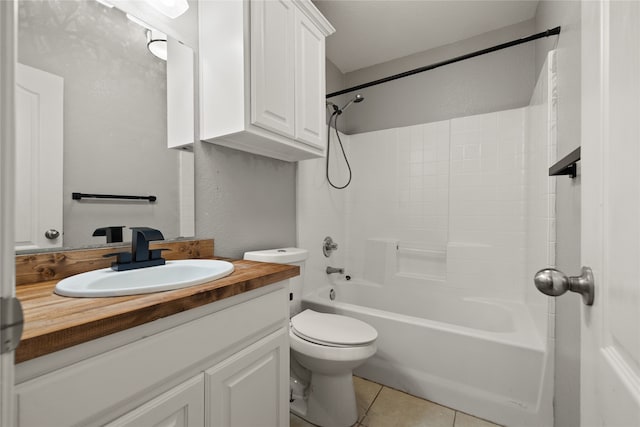 full bathroom featuring shower / tub combination, tile patterned flooring, vanity, and toilet