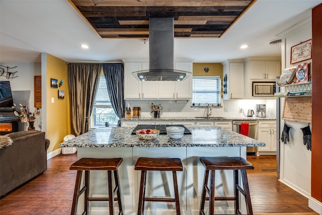 kitchen with island exhaust hood, a kitchen breakfast bar, stainless steel appliances, dark wood-type flooring, and sink