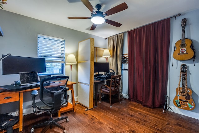 office space with ceiling fan and dark wood-type flooring