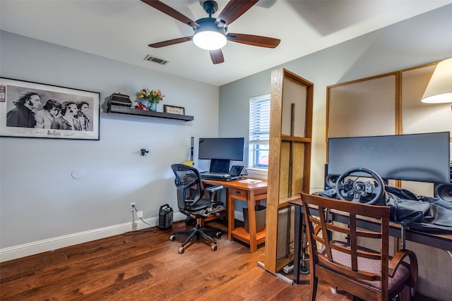 home office with ceiling fan and wood-type flooring