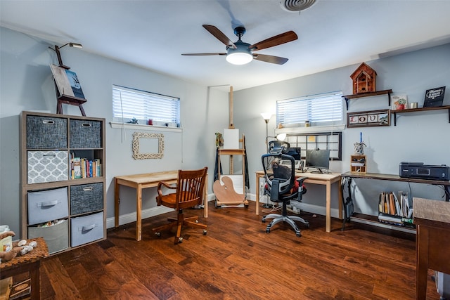 office space with dark hardwood / wood-style flooring and ceiling fan