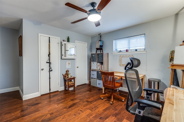 home office featuring dark hardwood / wood-style flooring and ceiling fan