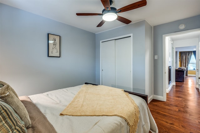 bedroom featuring a closet, ceiling fan, and dark wood-type flooring