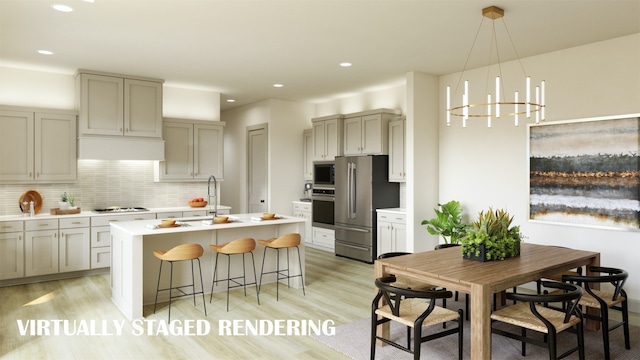 kitchen with decorative backsplash, light wood-type flooring, stainless steel appliances, a center island with sink, and hanging light fixtures