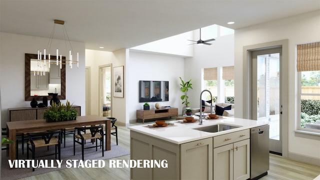 kitchen with sink, stainless steel dishwasher, an island with sink, decorative light fixtures, and light wood-type flooring