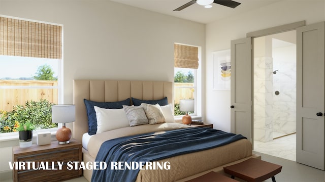 bedroom with ensuite bath and ceiling fan