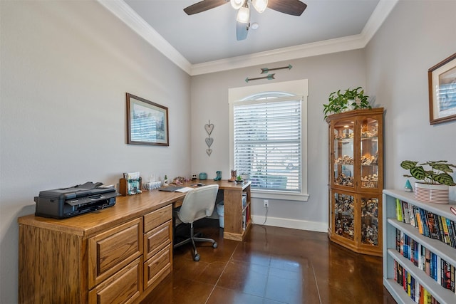 office area featuring baseboards, ceiling fan, and crown molding