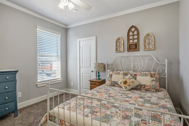 bedroom featuring ornamental molding, carpet, ceiling fan, and baseboards