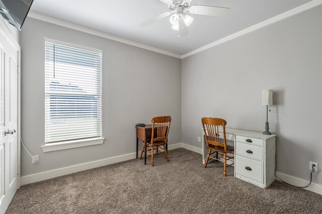 office featuring carpet floors, a ceiling fan, baseboards, and crown molding