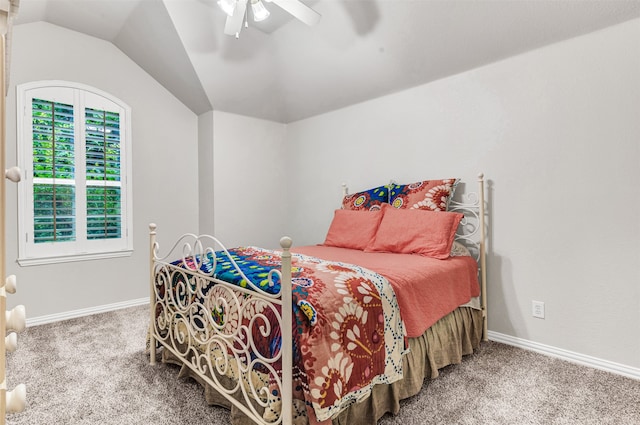 bedroom featuring carpet, ceiling fan, and lofted ceiling