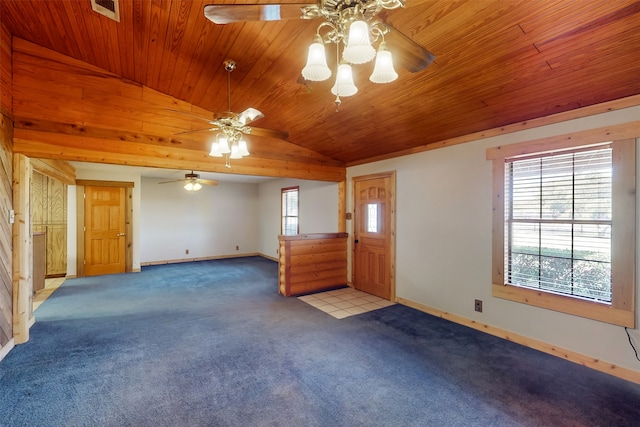 unfurnished living room with wooden ceiling, light colored carpet, and vaulted ceiling