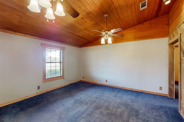 empty room featuring wooden ceiling, dark carpet, ceiling fan, and lofted ceiling