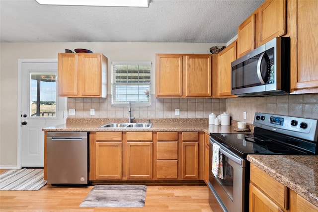 kitchen with light wood-type flooring, stainless steel appliances, a wealth of natural light, and sink