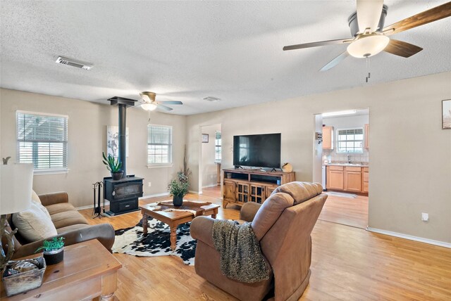 living room with plenty of natural light, light hardwood / wood-style floors, and a wood stove