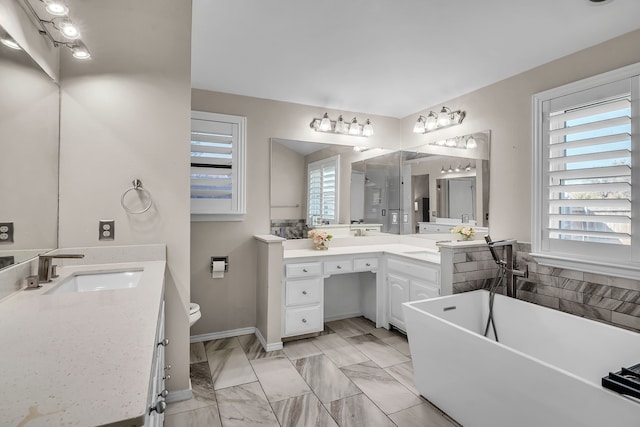 bathroom featuring a tub to relax in, toilet, and vanity