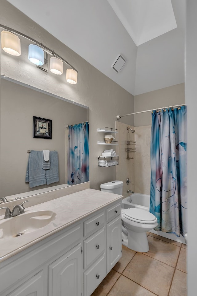 full bathroom featuring shower / bathtub combination with curtain, vanity, tile patterned flooring, and toilet