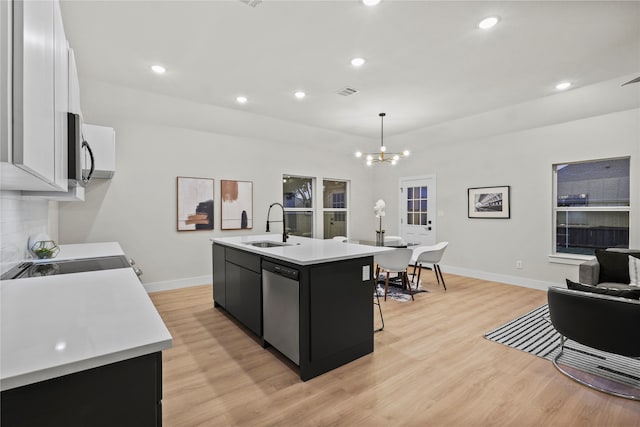 kitchen featuring white cabinetry, stainless steel appliances, an island with sink, pendant lighting, and light hardwood / wood-style floors