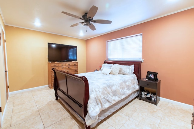 tiled bedroom with ceiling fan and crown molding